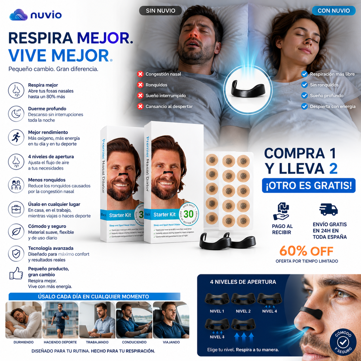 👃 AIRVEX™ Dilatador Nasal Magnético Premium + 30 Parches + 4 Niveles de Apertura 🔥  Respira mejor comprando 1 y llevando 2.