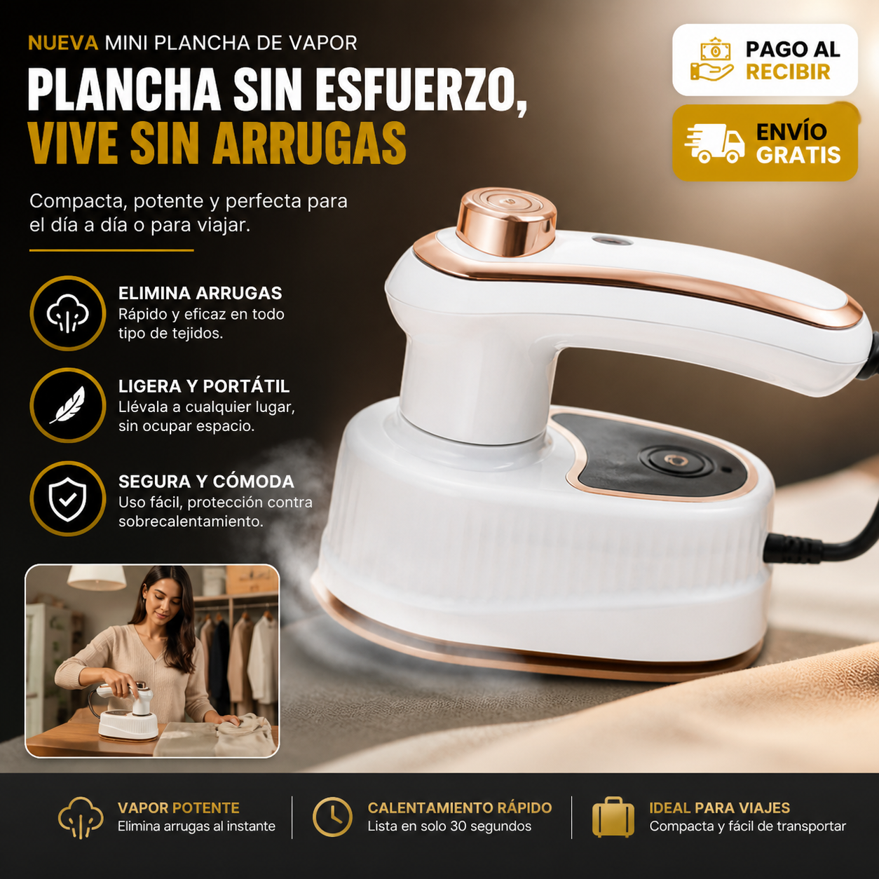✨ STEAM PRO GLIDE — Mini Plancha de Vapor Portátil Inteligente + Depósito de Agua + Cable de Alimentación + Tecnología Antiarrugas Profesional 🔥