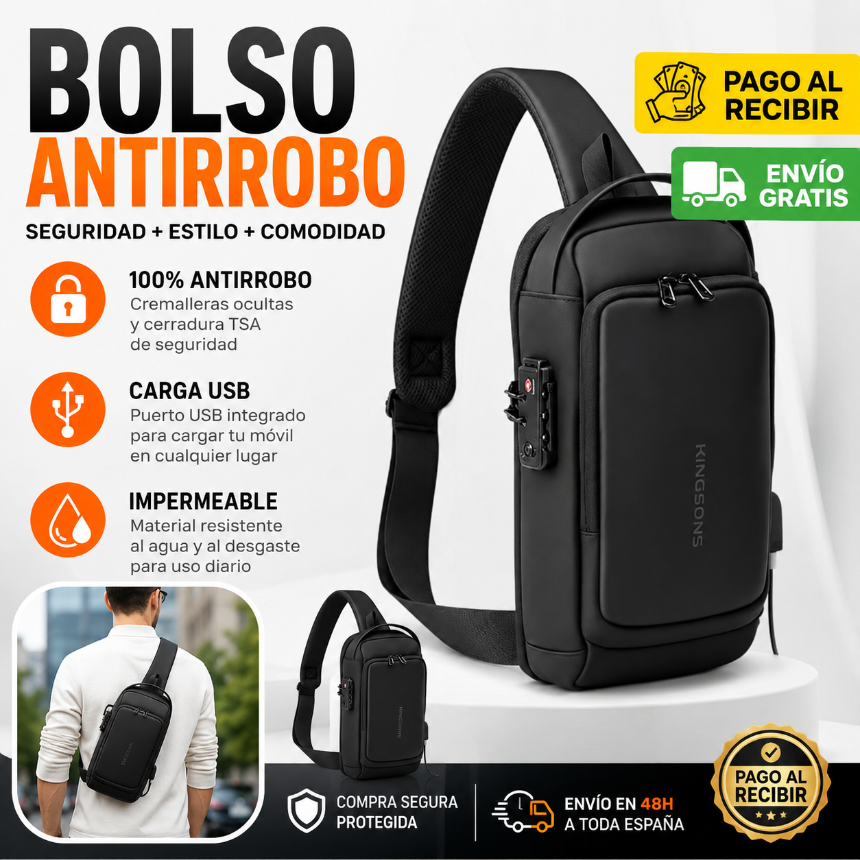 🎒 BOLSO ANTIRROBO KINGSONS PRO | Mochila Cruzada Premium con Puerto USB + Candado TSA + Compartimentos Inteligentes + Cable de Carga USB + Correa Ajustable 🔥