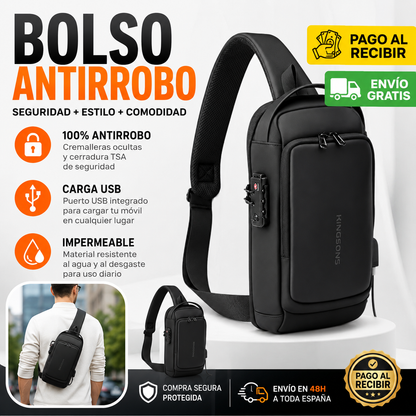 🎒 BOLSO ANTIRROBO KINGSONS PRO | Mochila Cruzada Premium con Puerto USB + Candado TSA + Compartimentos Inteligentes + Cable de Carga USB + Correa Ajustable 🔥