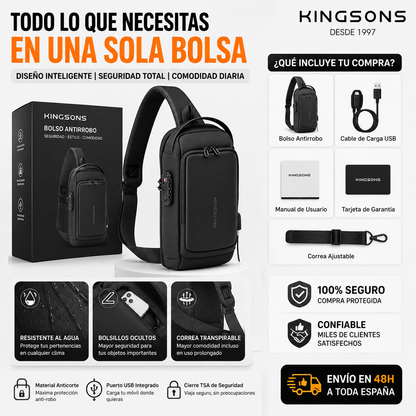 🎒 BOLSO ANTIRROBO KINGSONS PRO | Mochila Cruzada Premium con Puerto USB + Candado TSA + Compartimentos Inteligentes + Cable de Carga USB + Correa Ajustable 🔥