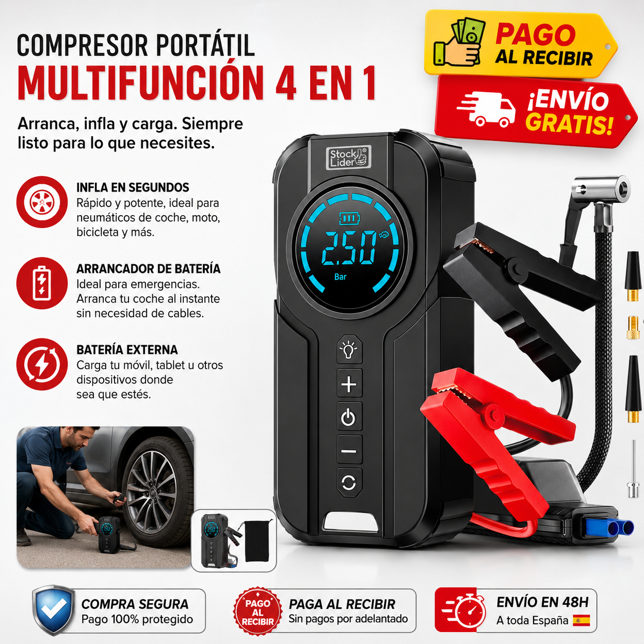 ⚡ AirForce Pro™ | Compresor Portátil Multifunción 4 en 1 + Arrancador de Batería + Inflador Inteligente + Linterna LED + Kit Completo con Accesorios 🔥