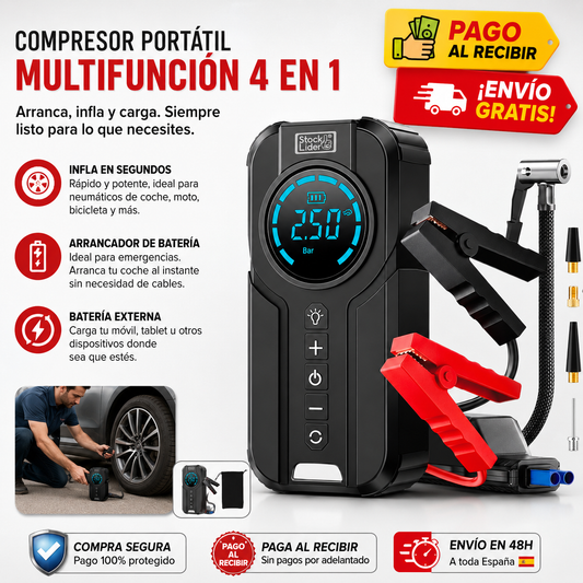 ⚡ AirForce Pro™ | Compresor Portátil Multifunción 4 en 1 + Arrancador de Batería + Inflador Inteligente + Linterna LED + Kit Completo con Accesorios 🔥