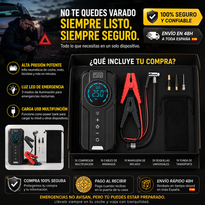 ⚡ AirForce Pro™ | Compresor Portátil Multifunción 4 en 1 + Arrancador de Batería + Inflador Inteligente + Linterna LED + Kit Completo con Accesorios 🔥