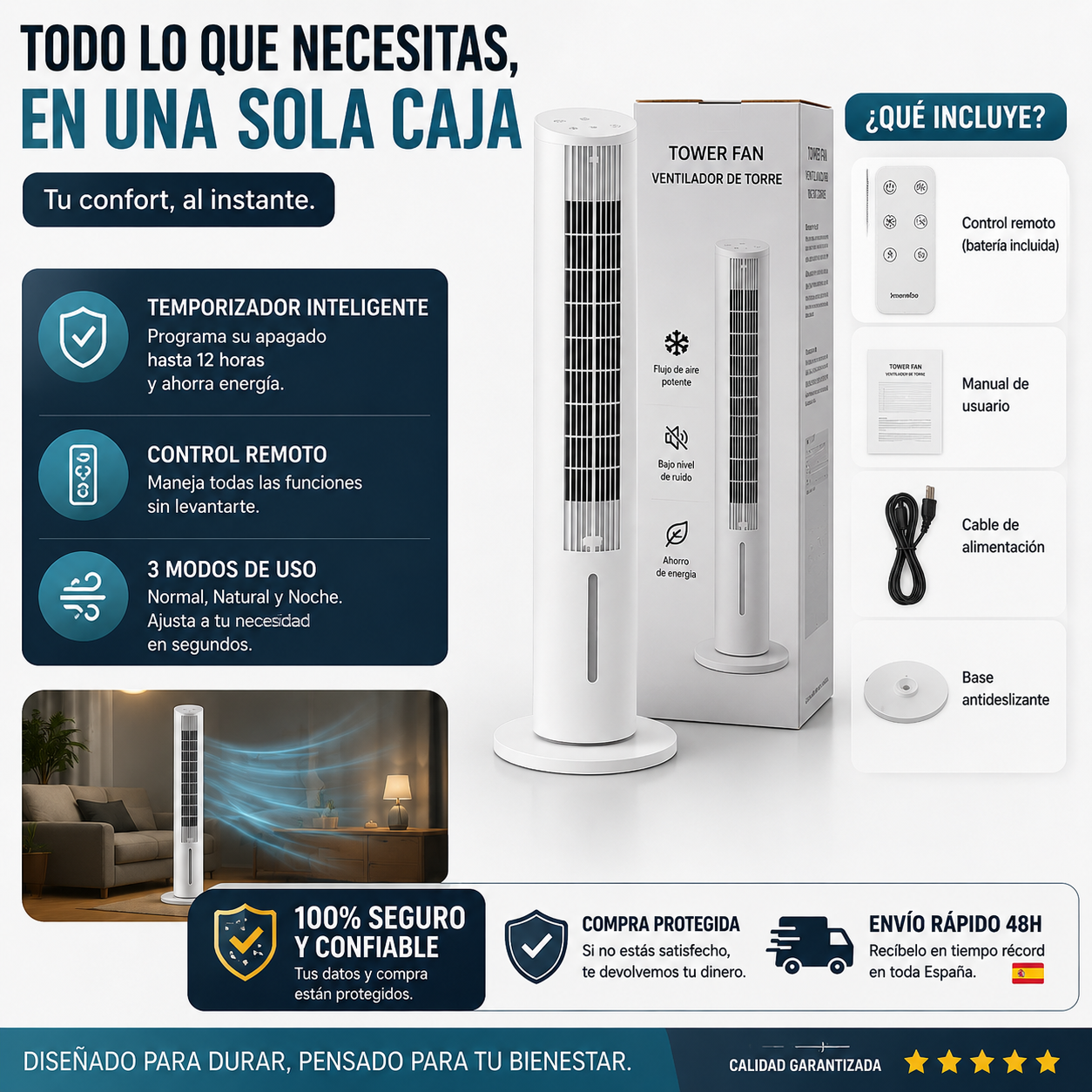 Acondicionador de aire evaporativo de torre portátil Multifunción con Mando a Distancia Hushly InnovaGoods
