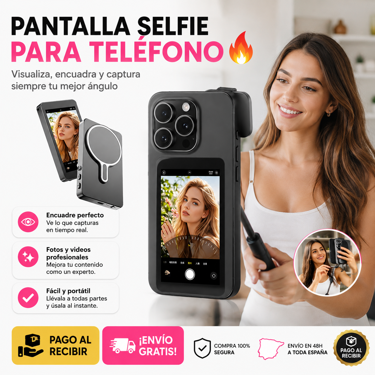 📸 ¡SelfieVision Pro™ – Pantalla Magnética Inalámbrica para Smartphone + Monitor HD Inteligente + Soporte Magnético Premium + Cable de Carga USB + Manual de Uso Profesional! 🔥