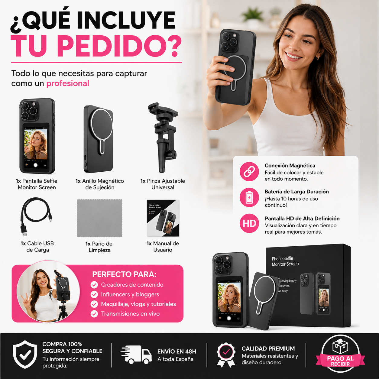 📸 ¡SelfieVision Pro™ – Pantalla Magnética Inalámbrica para Smartphone + Monitor HD Inteligente + Soporte Magnético Premium + Cable de Carga USB + Manual de Uso Profesional! 🔥