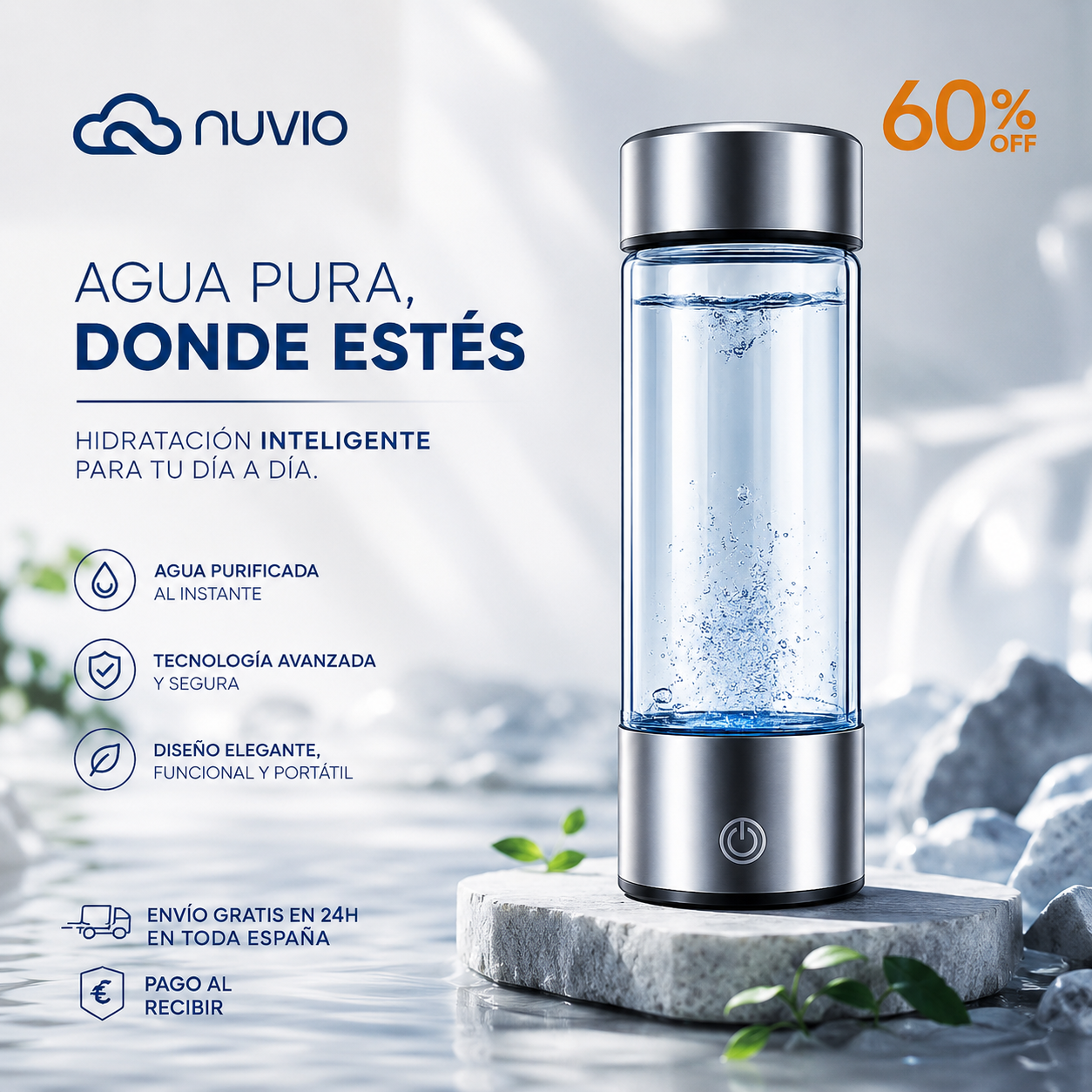⚡ NUVIO™ Botella Inteligente de Hidrógeno + Kit de Carga USB Incluido 🔥  La nueva generación de hidratación premium.