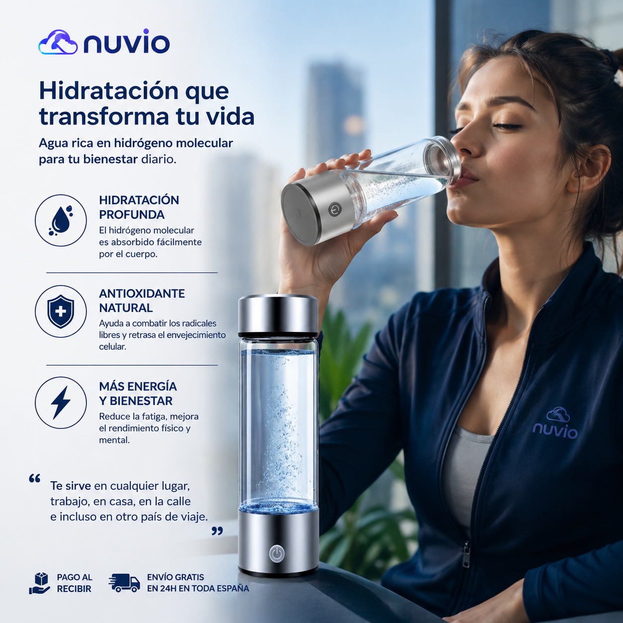 ⚡ NUVIO™ Botella Inteligente de Hidrógeno + Kit de Carga USB Incluido 🔥  La nueva generación de hidratación premium.