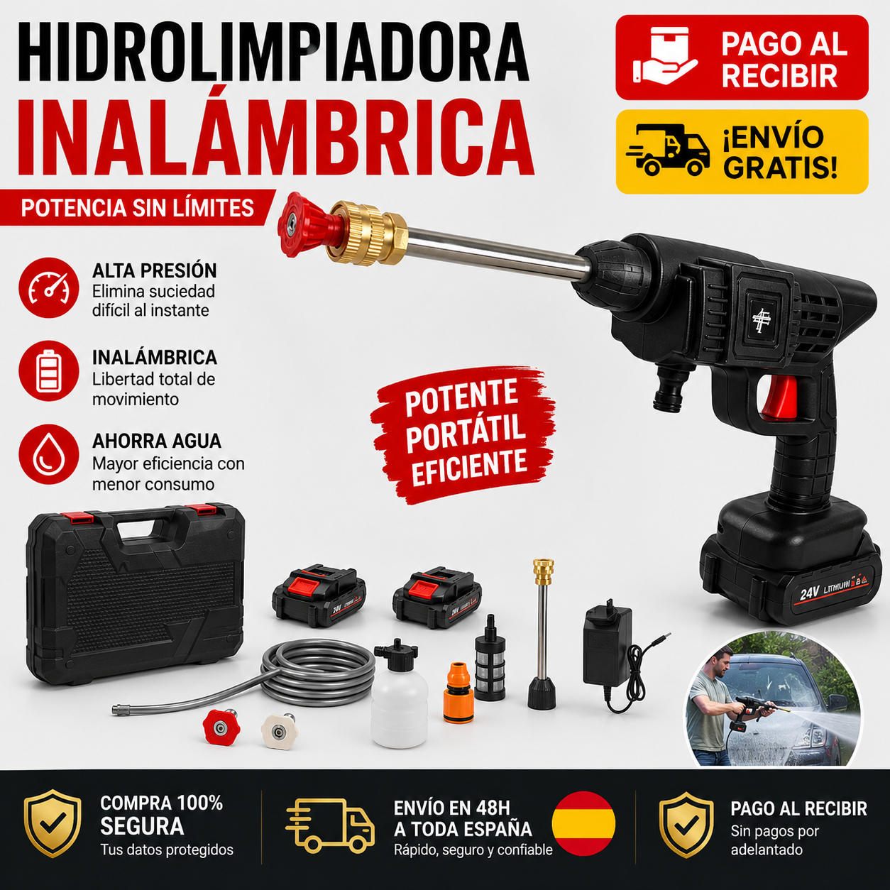 🚿 Pistola Hidrolimpiadora Portátil de Alta Presión + Doble Batería + Kit Completo de Accesorios 🔥