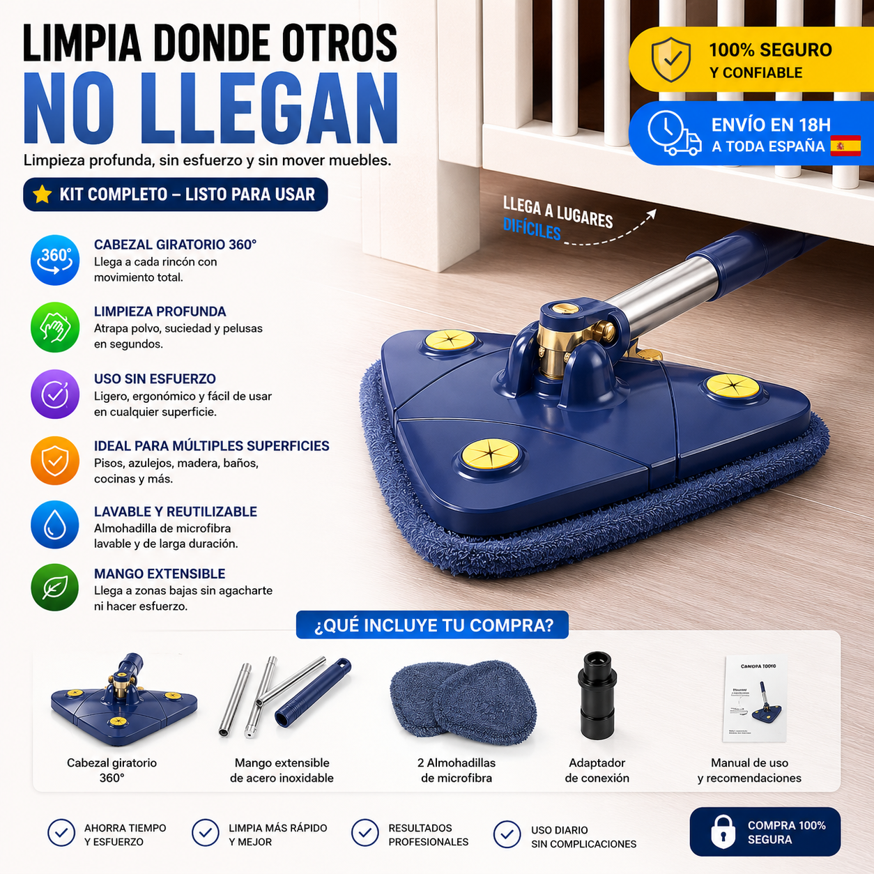 🧹 Fregona Telescópica 360° Autoescurrible Premium – Mopa Giratoria Multifuncional para una Limpieza Profunda + Paños de Microfibra Reutilizables + Mango Telescópico Ajustable + Sistema Autoescurrible 🔥