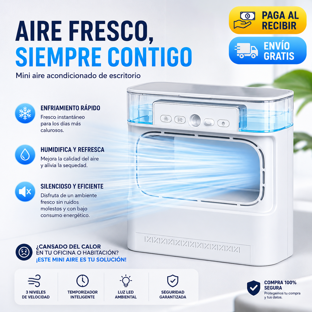 ❄️ Mini Aire Acondicionado Portátil Sin Aspas – Enfriador de Aire Inteligente + Cable USB + Depósito de Agua Integrado 🔥
