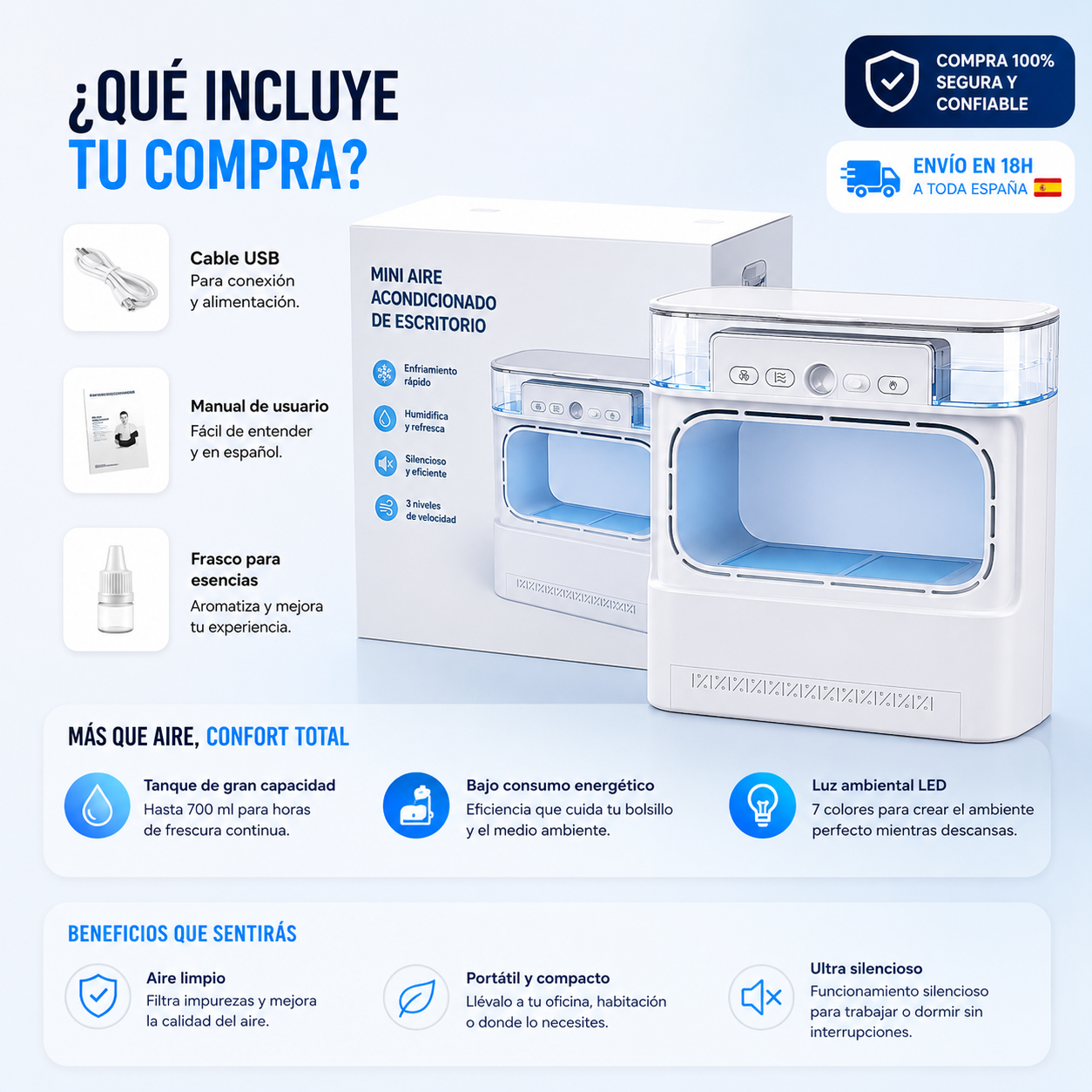 ❄️ Mini Aire Acondicionado Portátil Sin Aspas – Enfriador de Aire Inteligente + Cable USB + Depósito de Agua Integrado 🔥
