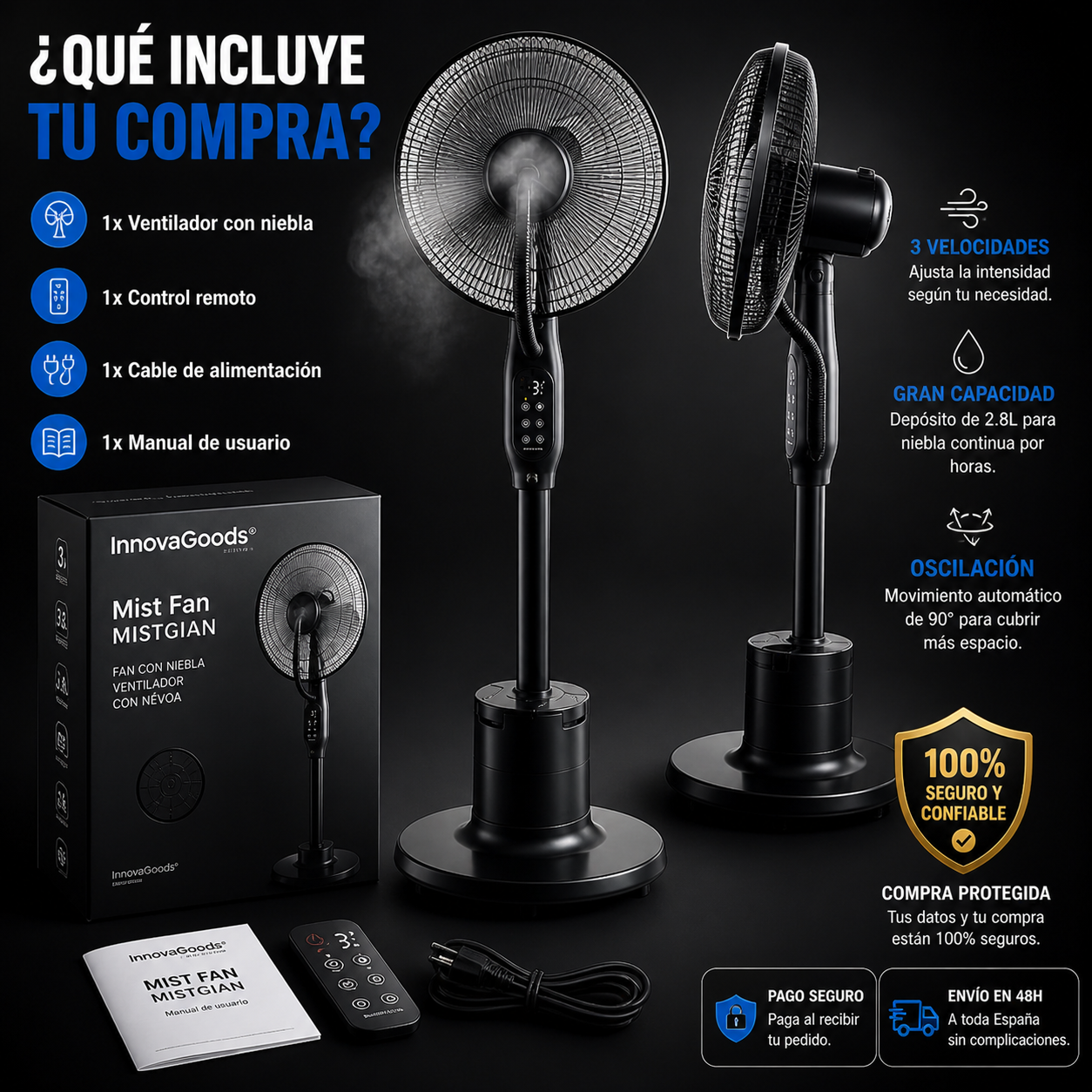 💨 Mist Fan MISTGIAN | Ventilador con Niebla Ultra Refrescante + Control Remoto + Cable de Alimentación + Manual de Usuario + Depósito de Gran Capacidad 🔥