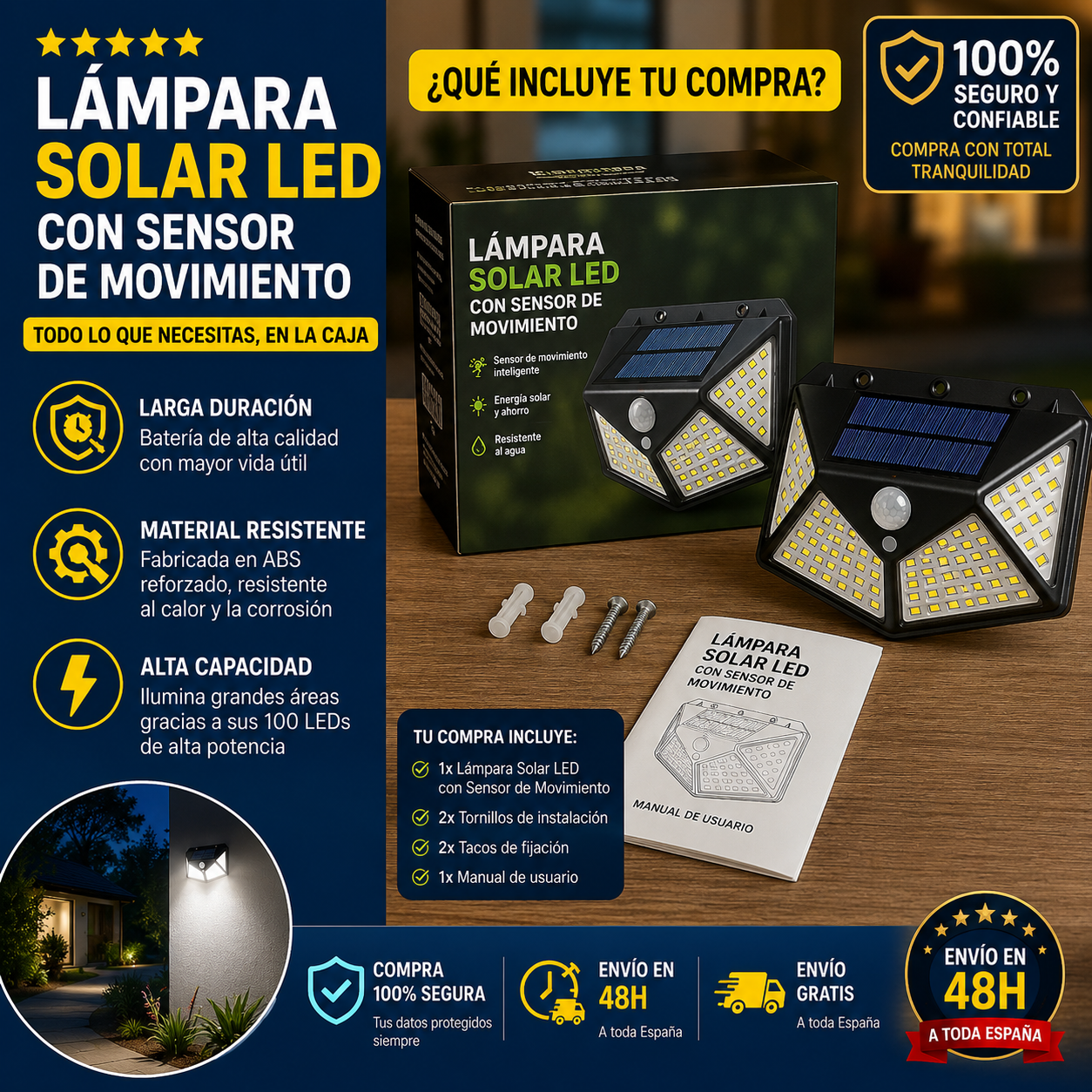 💡 ¡LÁMPARA SOLAR LED CON SENSOR DE MOVIMIENTO! | Luz Inteligente Exterior de Alta Potencia + Kit Completo de Instalación + Manual de Uso 🔥