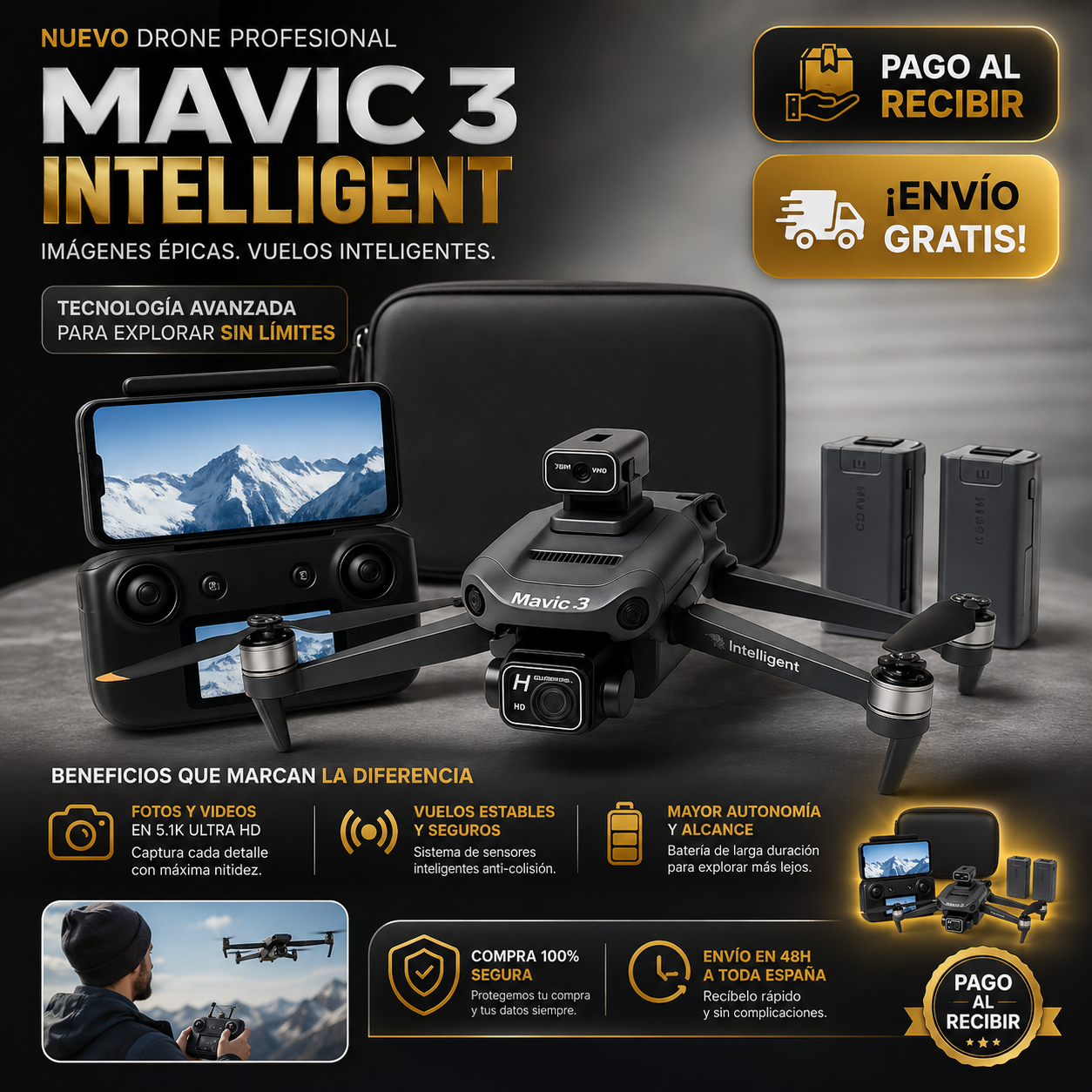 🚁 MAVIC 3 INTELLIGENT — Drone Profesional 4K Ultra HD con Sensores Inteligentes + Control Remoto + 2 Baterías Extra + Maletín Premium + Hélices de Repuesto + Cable de Carga 🔥