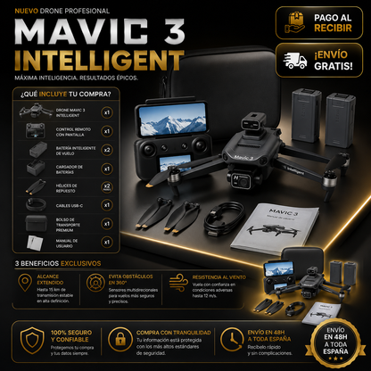 🚁 MAVIC 3 INTELLIGENT — Drone Profesional 4K Ultra HD con Sensores Inteligentes + Control Remoto + 2 Baterías Extra + Maletín Premium + Hélices de Repuesto + Cable de Carga 🔥