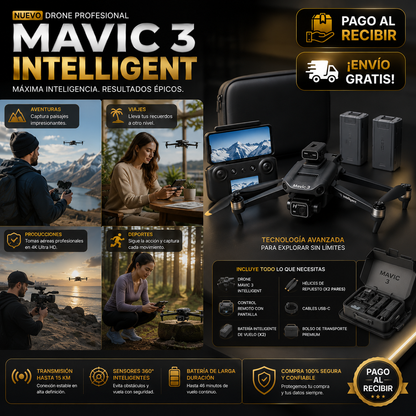 🚁 MAVIC 3 INTELLIGENT — Drone Profesional 4K Ultra HD con Sensores Inteligentes + Control Remoto + 2 Baterías Extra + Maletín Premium + Hélices de Repuesto + Cable de Carga 🔥