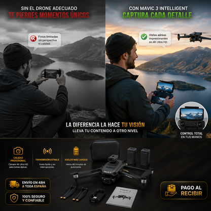 🚁 MAVIC 3 INTELLIGENT — Drone Profesional 4K Ultra HD con Sensores Inteligentes + Control Remoto + 2 Baterías Extra + Maletín Premium + Hélices de Repuesto + Cable de Carga 🔥