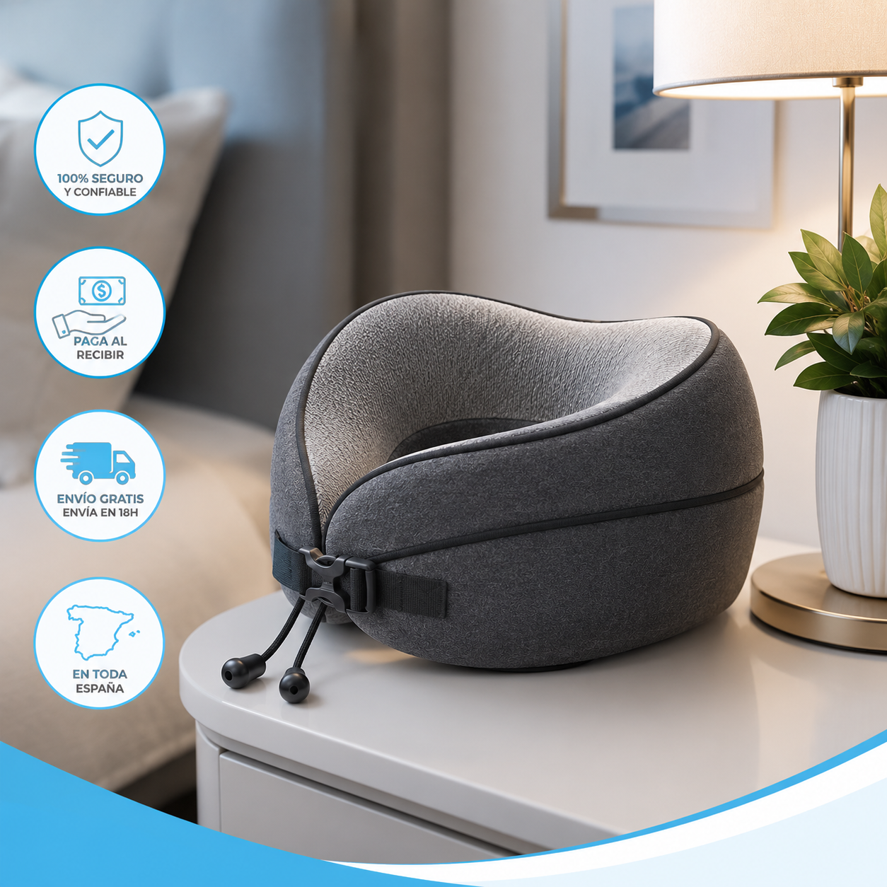 ✈️| Almohada Ergonómica de Viaje 360° 🔥  + Incluye: Bolsa de transporte premium, antifaz para dormir y tapones para los oídos.