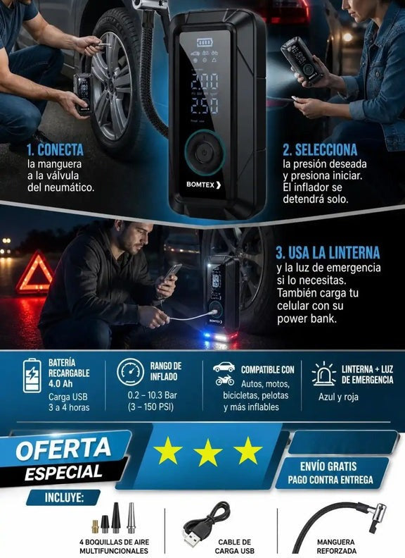 SwiftAir Bomba Portátil Inteligente — Presión precisa en un clic + Pack Adaptadores Gratis🔥