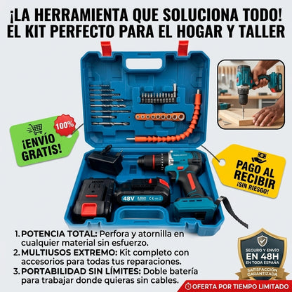 🔋 Taladro de Impacto 48V con Batería de Litio + Todo lo que necesitas en un solo estuche + Accesorios Premium incluidos para cualquier trabajo 💥🔥