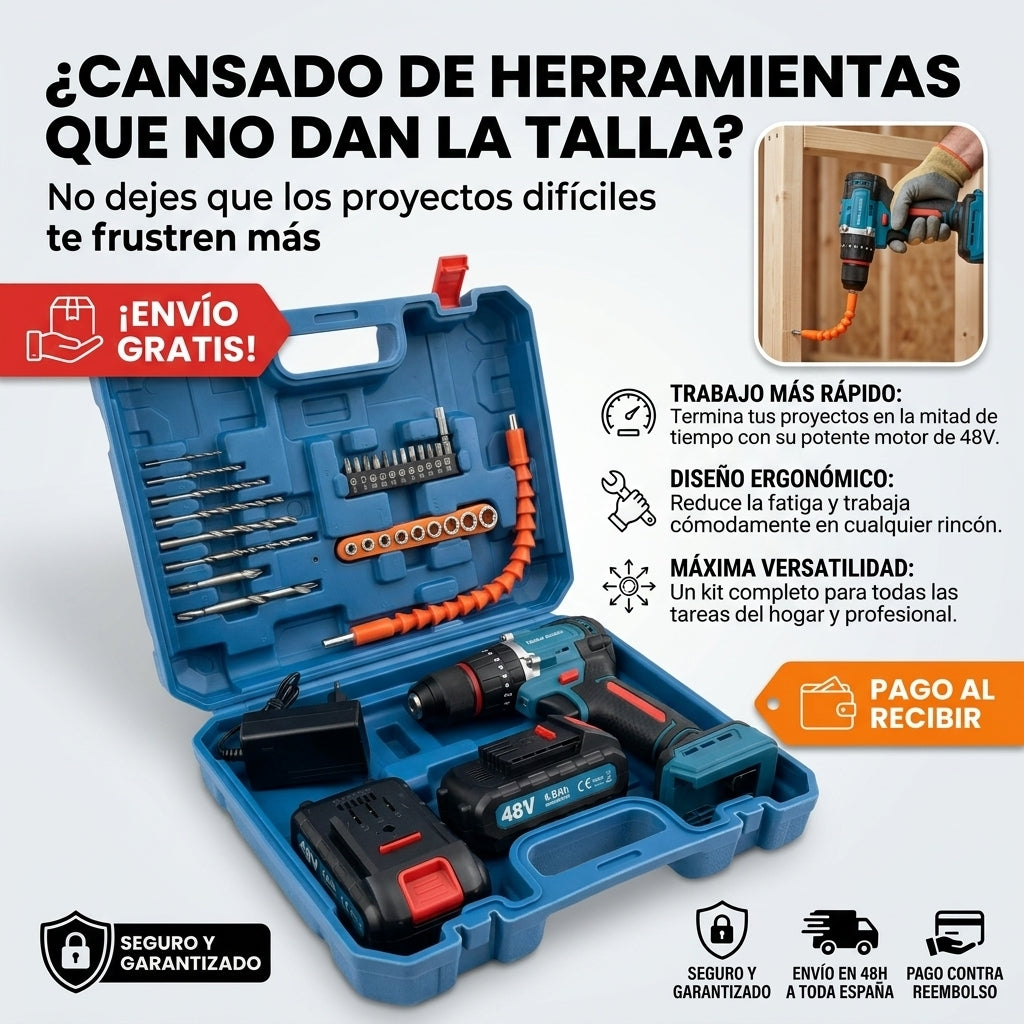 🔋 Taladro de Impacto 48V con Batería de Litio + Todo lo que necesitas en un solo estuche + Accesorios Premium incluidos para cualquier trabajo 💥🔥
