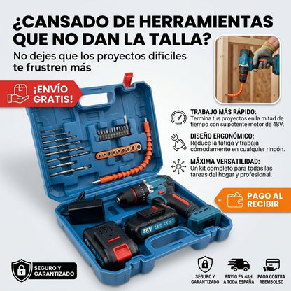🔋 Taladro de Impacto 48V con Batería de Litio + Todo lo que necesitas en un solo estuche + Accesorios Premium incluidos para cualquier trabajo 💥🔥