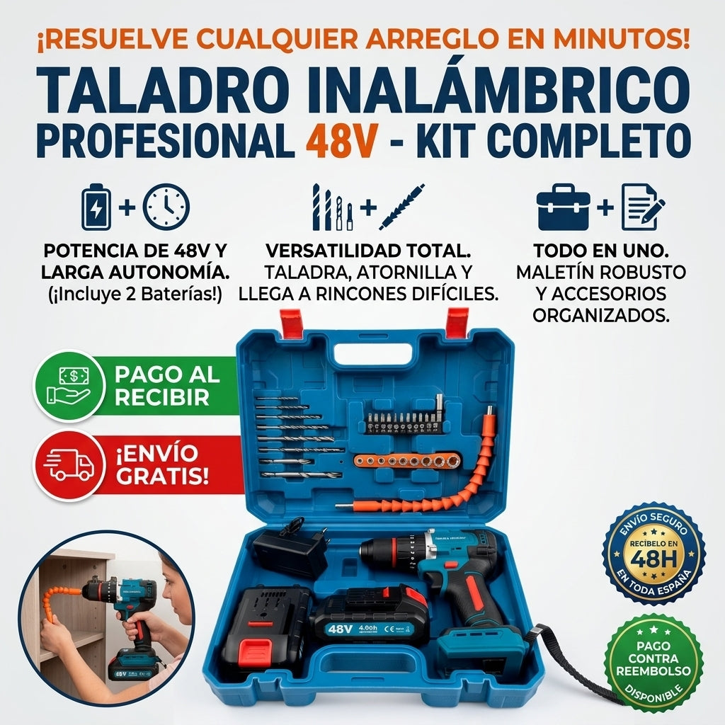🔋 Taladro de Impacto 48V con Batería de Litio + Todo lo que necesitas en un solo estuche + Accesorios Premium incluidos para cualquier trabajo 💥🔥