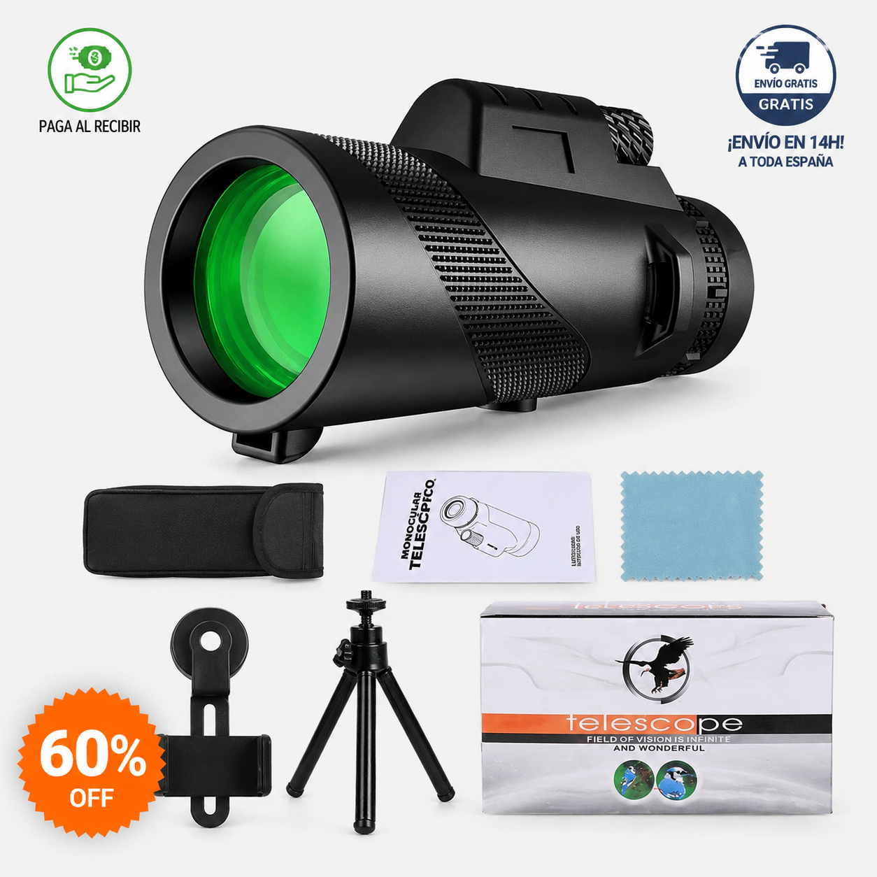 🔭 Telescopio Monocular con Soporte para Móvil + Trípode · Funda · Paño de limpieza incluidos Nunca más te pierdas un momento por la distancia. 🔥