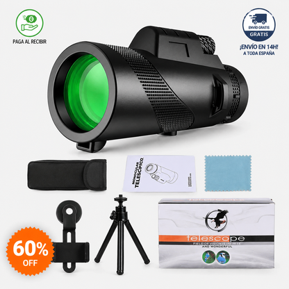 🔭 Telescopio Monocular con Soporte para Móvil + Trípode · Funda · Paño de limpieza incluidos Nunca más te pierdas un momento por la distancia. 🔥