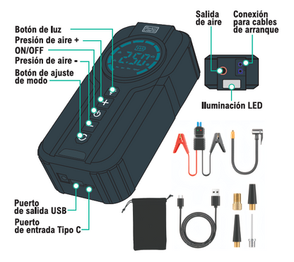 ⚡ AirForce Pro™ | Compresor Portátil Multifunción 4 en 1 + Arrancador de Batería + Inflador Inteligente + Linterna LED + Kit Completo con Accesorios 🔥