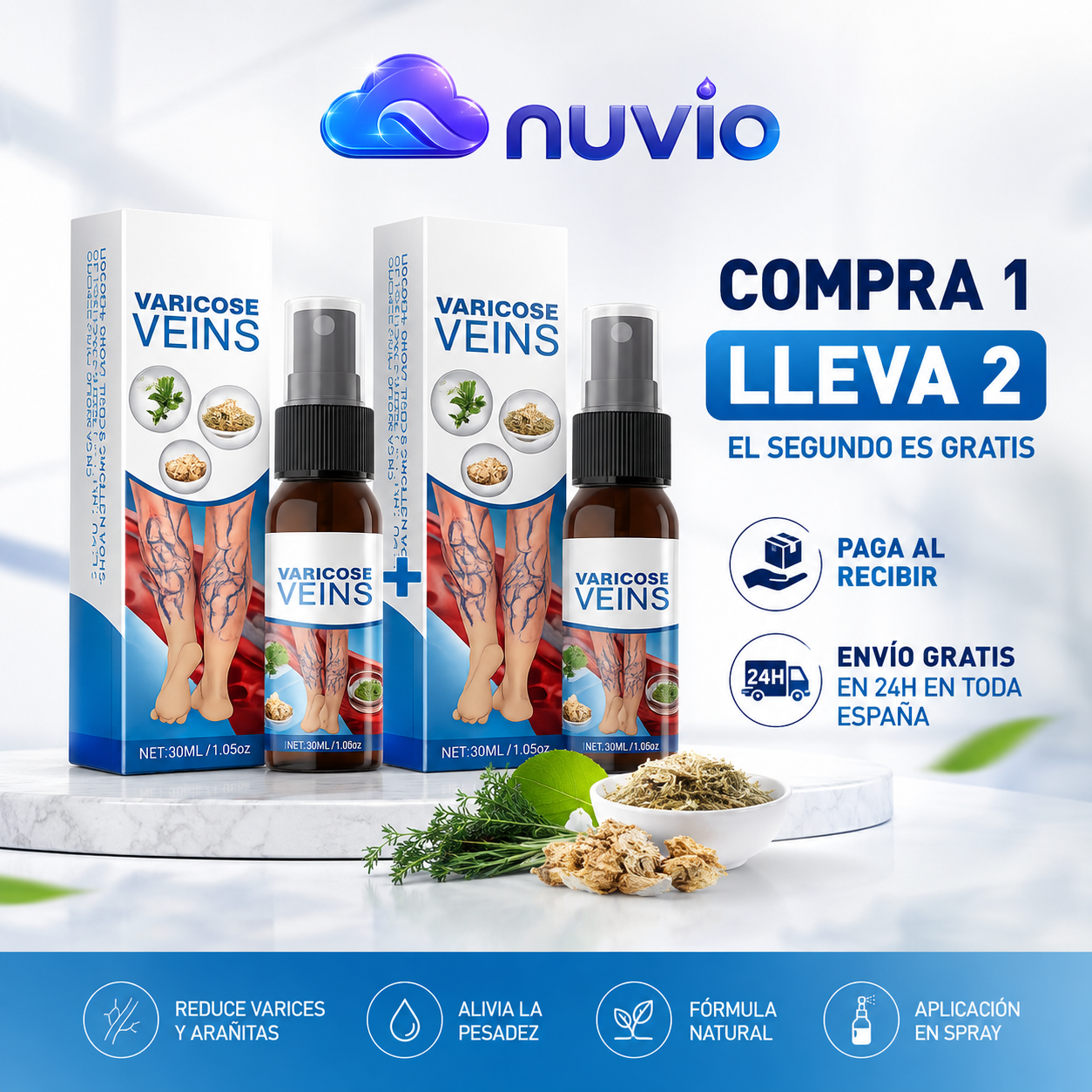🦵 NUVIO™ | Spray para Varices — Compra 1 y LLEVA 2 |Piernas Más Ligeras 🔥