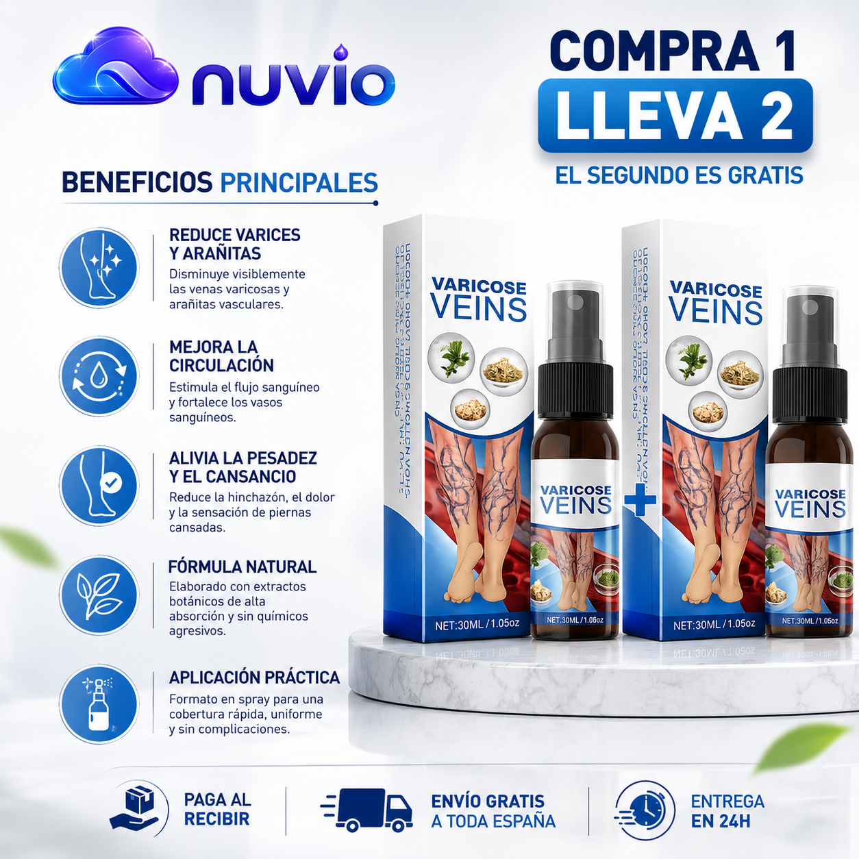 🦵 NUVIO™ | Spray para Varices — Compra 1 y LLEVA 2 |Piernas Más Ligeras 🔥