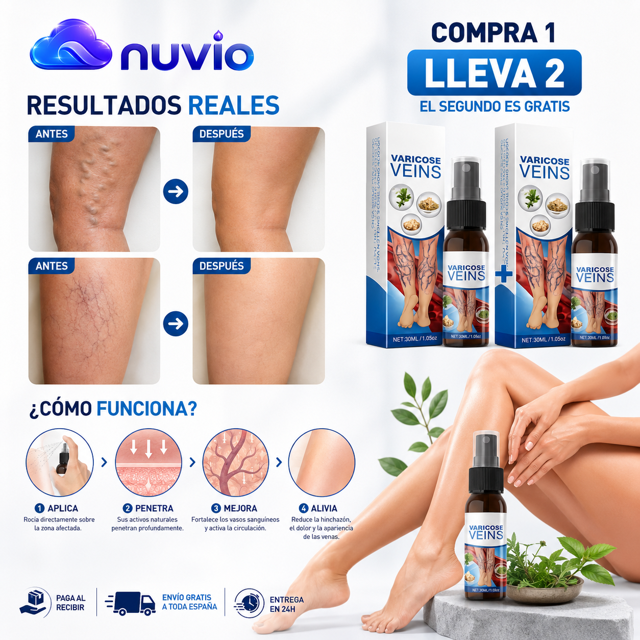 🦵 NUVIO™ | Spray para Varices — Compra 1 y LLEVA 2 |Piernas Más Ligeras 🔥